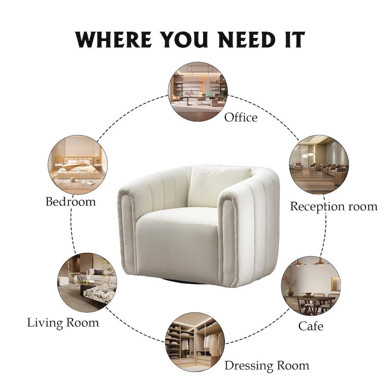 Fauteuil rond pivotant 360° en velours oversize avec coussin moelleux, idéal pour le salon ou la chambre.