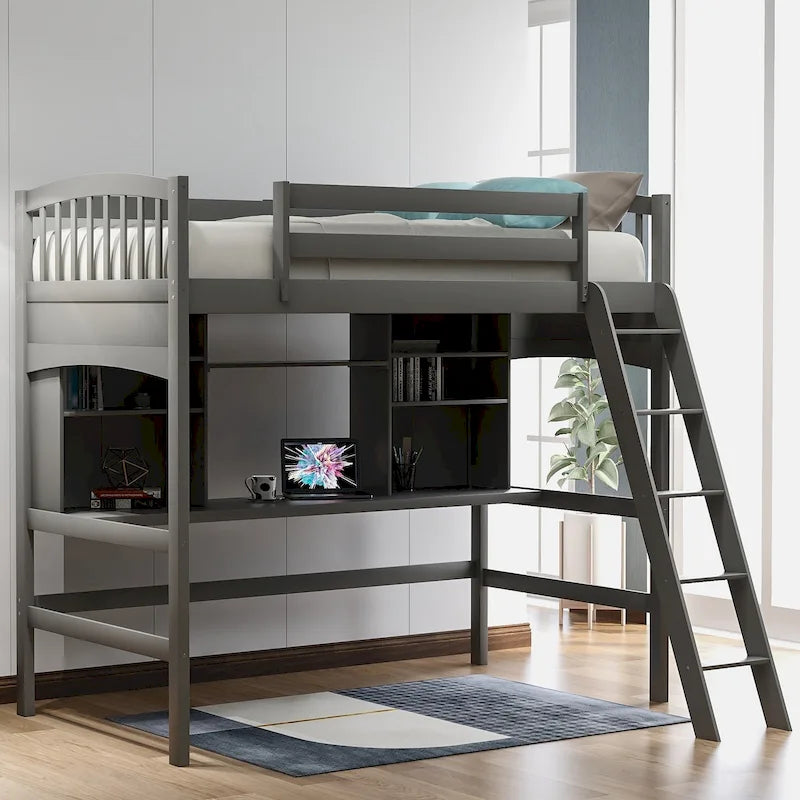 Lit mezzanine simple avec étagères de rangement, bureau et échelle