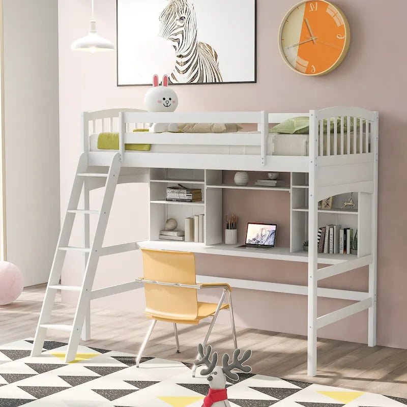 Lit mezzanine simple avec étagères de rangement, bureau et échelle