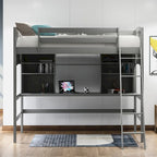 Lit mezzanine simple avec étagères de rangement, bureau et échelle