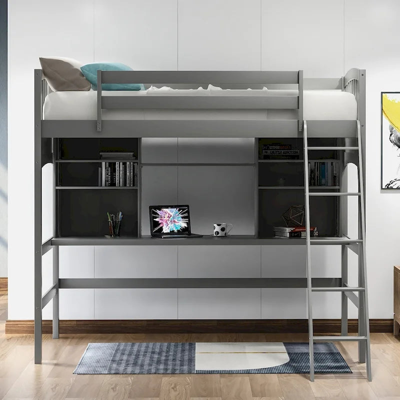 Lit mezzanine simple avec étagères de rangement, bureau et échelle