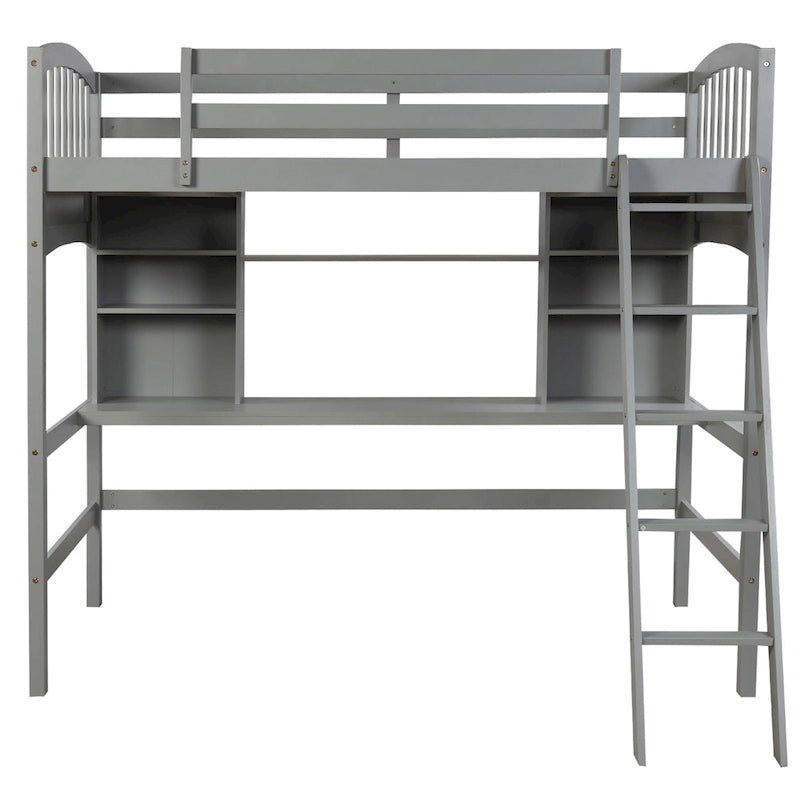 Lit mezzanine simple avec étagères de rangement, bureau et échelle