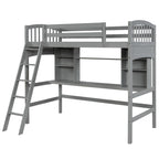 Lit mezzanine simple avec étagères de rangement, bureau et échelle