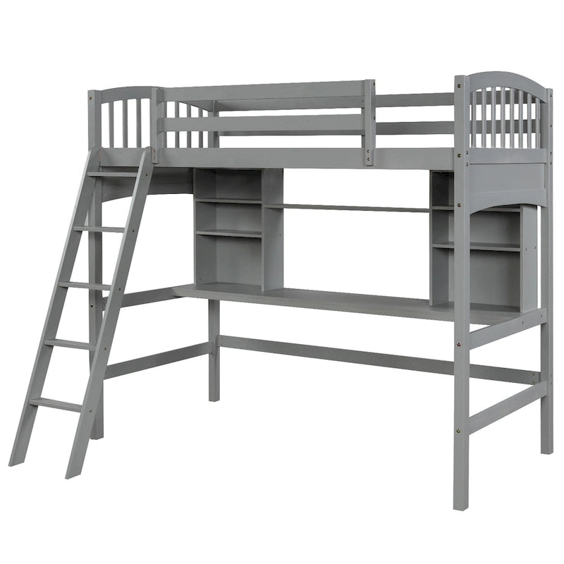 Lit mezzanine simple avec étagères de rangement, bureau et échelle