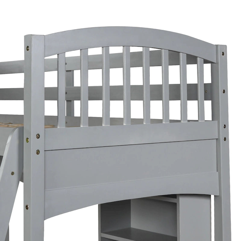 Lit mezzanine simple avec étagères de rangement, bureau et échelle
