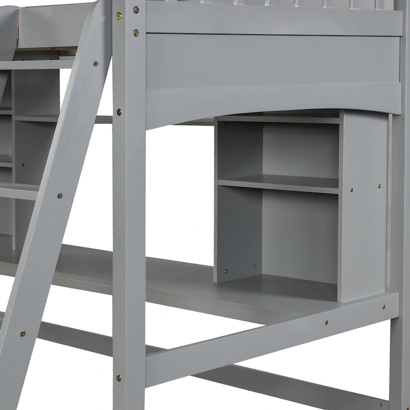 Lit mezzanine simple avec étagères de rangement, bureau et échelle