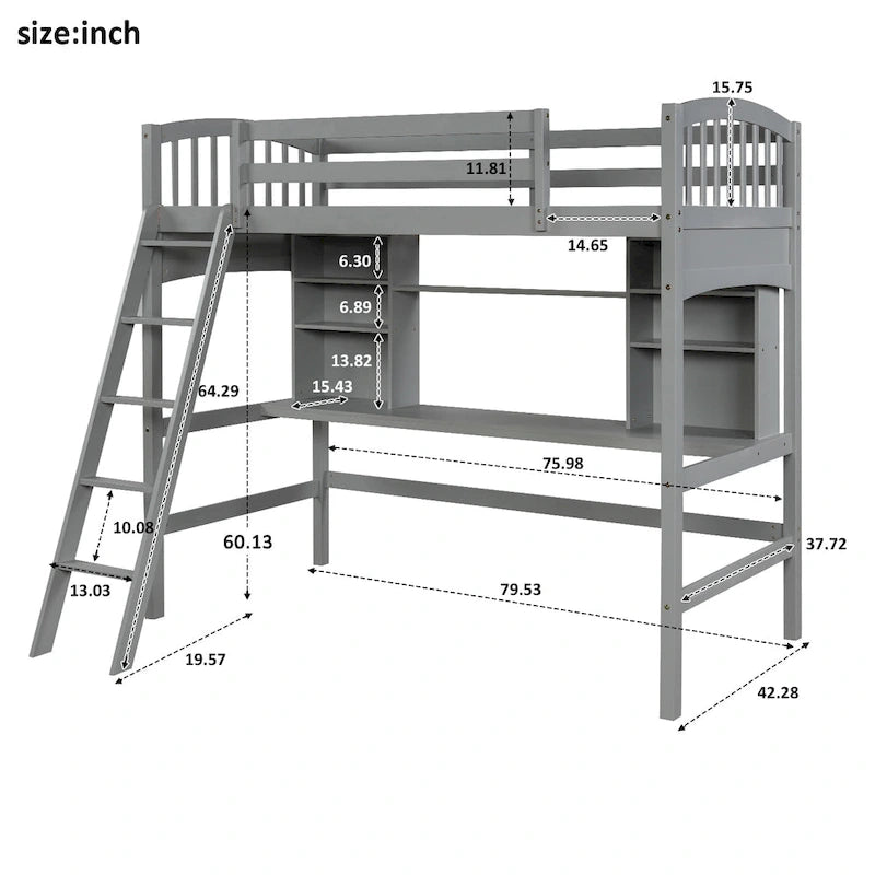 Lit mezzanine simple avec étagères de rangement, bureau et échelle