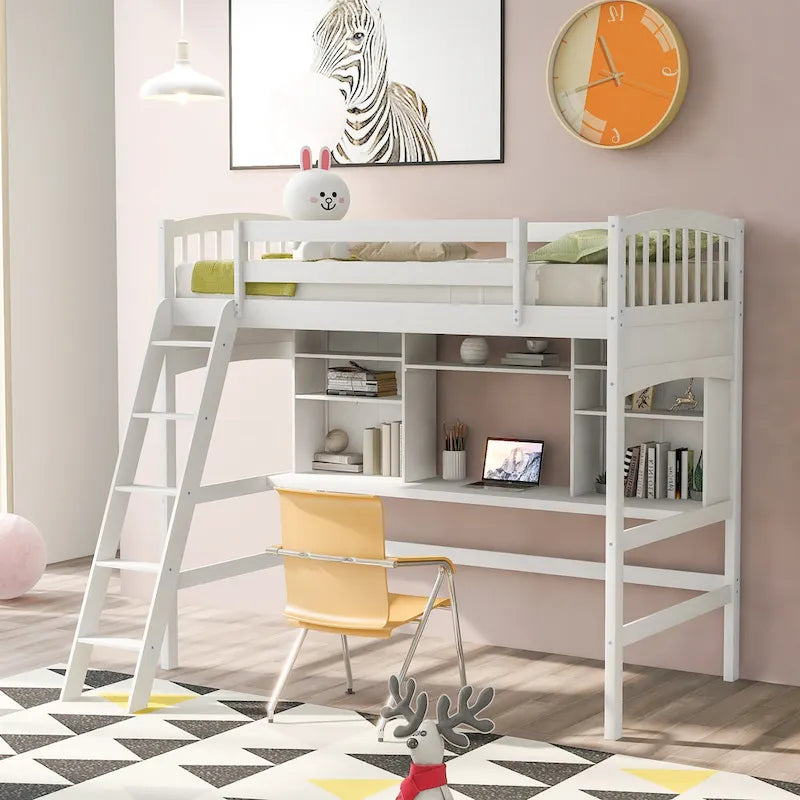 Lit mezzanine simple avec étagères de rangement, bureau et échelle