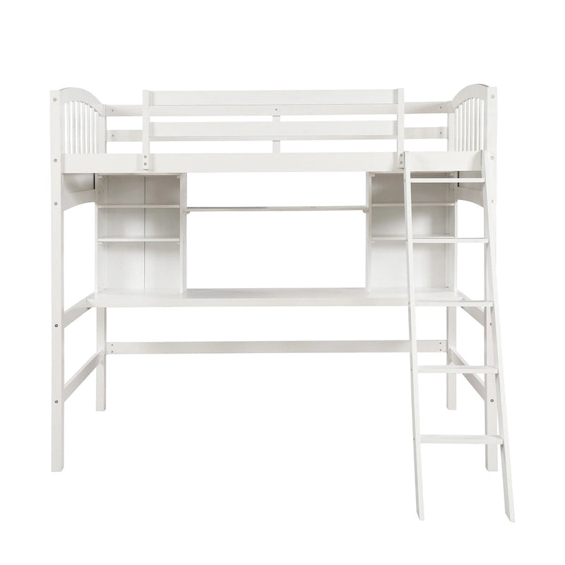 Lit mezzanine simple avec étagères de rangement, bureau et échelle