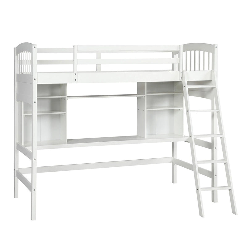 Lit mezzanine simple avec étagères de rangement, bureau et échelle