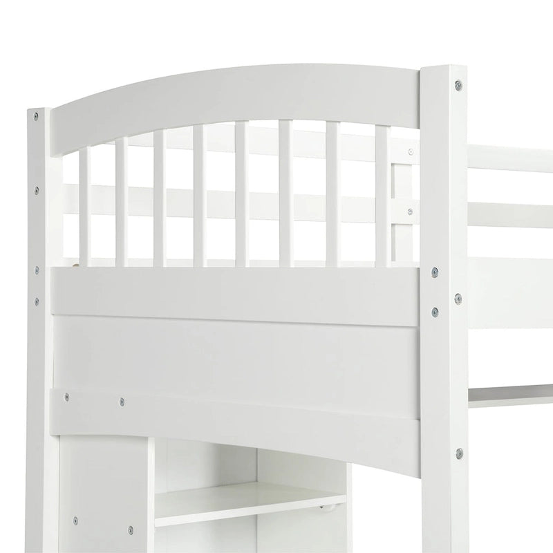 Lit mezzanine simple avec étagères de rangement, bureau et échelle