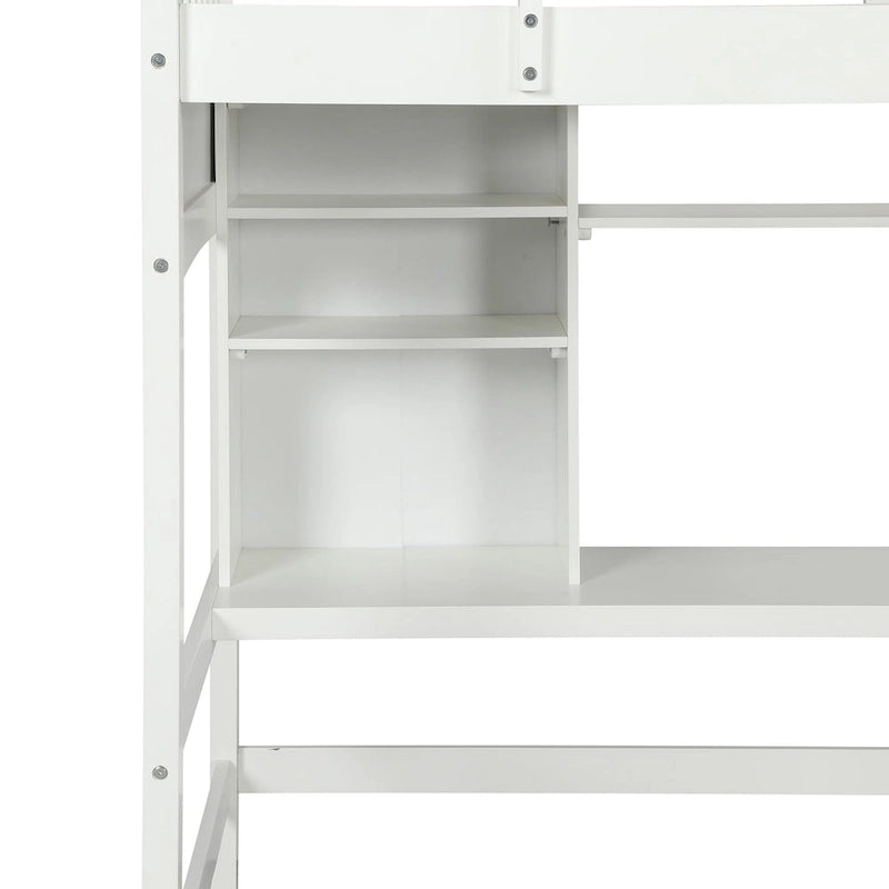 Lit mezzanine simple avec étagères de rangement, bureau et échelle