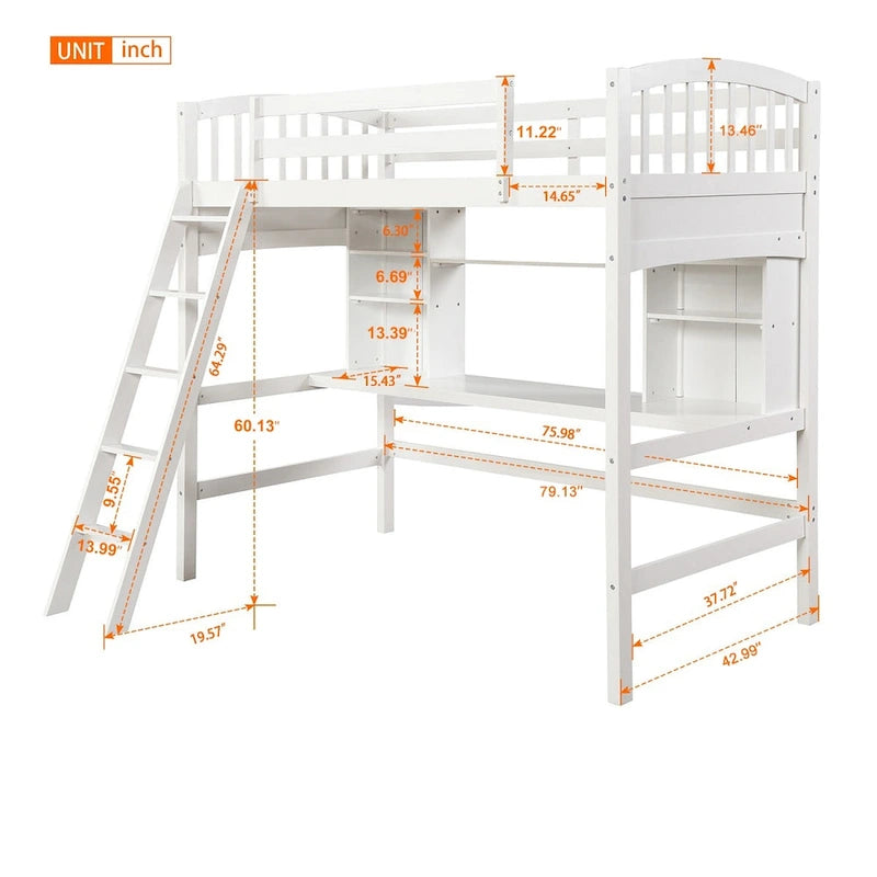 Lit mezzanine simple avec étagères de rangement, bureau et échelle