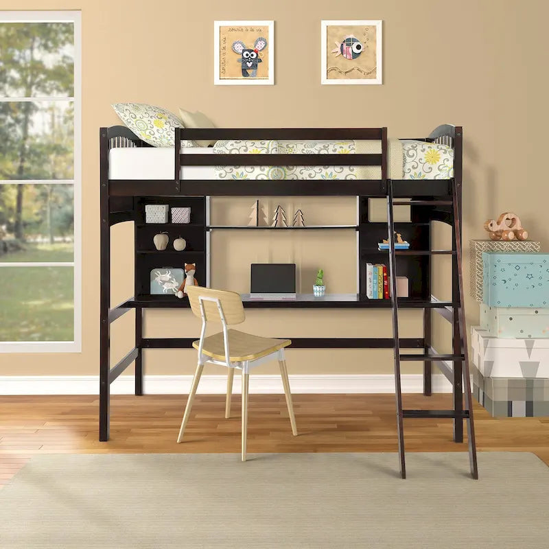 Lit mezzanine simple avec étagères de rangement, bureau et échelle