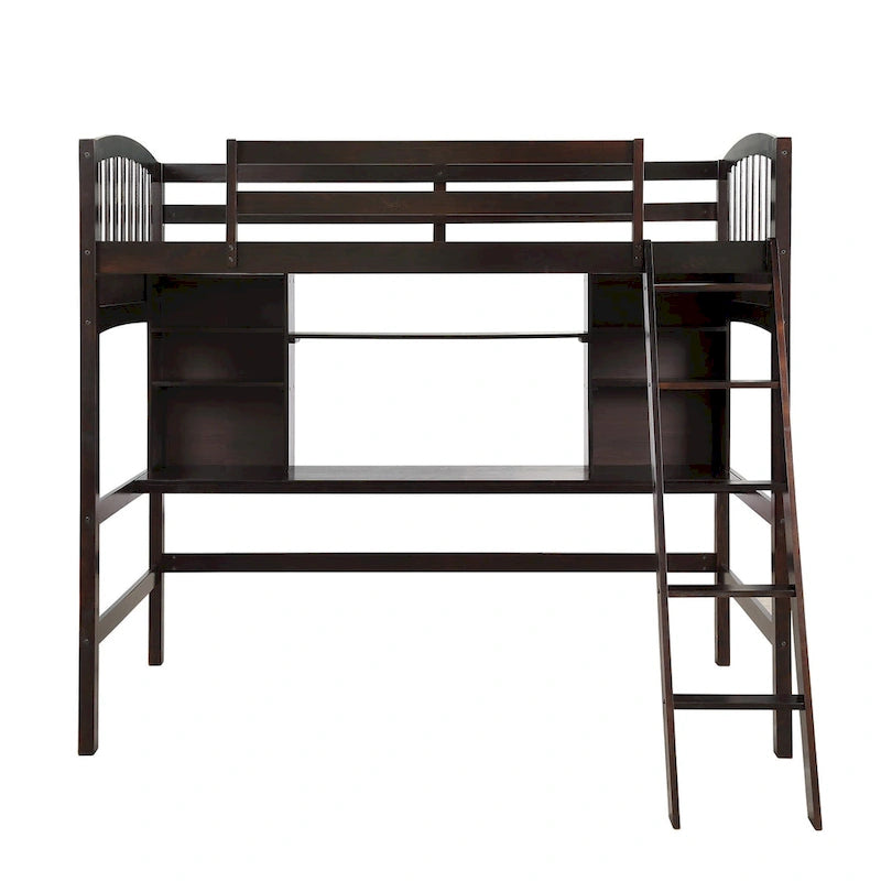 Lit mezzanine simple avec étagères de rangement, bureau et échelle
