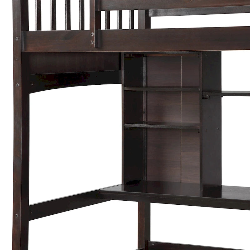 Lit mezzanine simple avec étagères de rangement, bureau et échelle