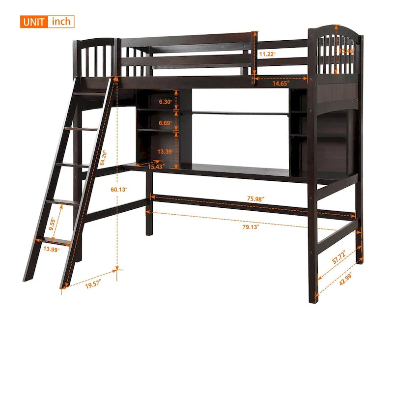 Lit mezzanine simple avec étagères de rangement, bureau et échelle
