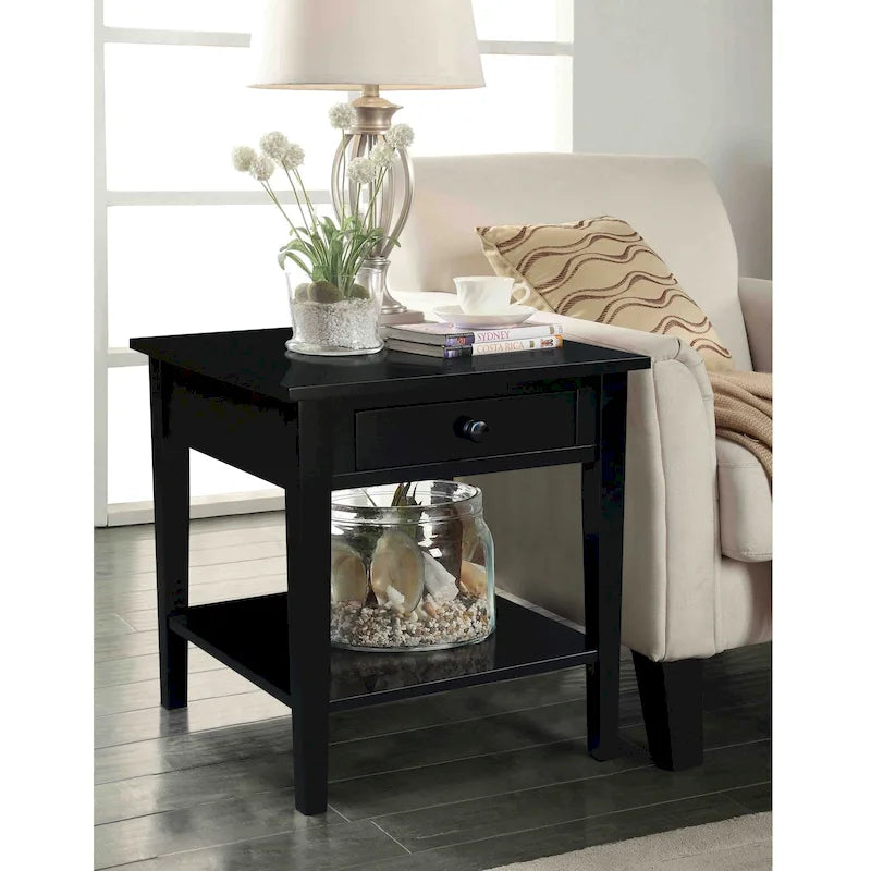 Table d'appoint carrée en bois d'hévéa massif avec tiroir et étagère, 61 cm (l) x 63,5 cm (H), brut/noir/blanc/gris/bleu