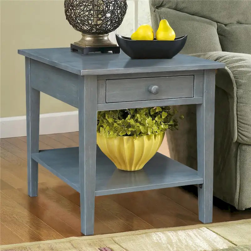 Table d'appoint carrée en bois d'hévéa massif avec tiroir et étagère, 61 cm (l) x 63,5 cm (H), brut/noir/blanc/gris/bleu