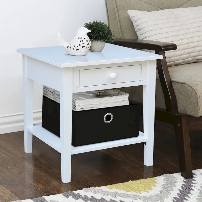 Table d'appoint carrée en bois d'hévéa massif avec tiroir et étagère, 61 cm (l) x 63,5 cm (H), brut/noir/blanc/gris/bleu