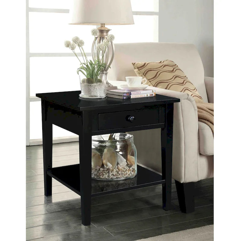 Table d'appoint carrée en bois d'hévéa massif avec tiroir et étagère, 61 cm (l) x 63,5 cm (H), brut/noir/blanc/gris/bleu