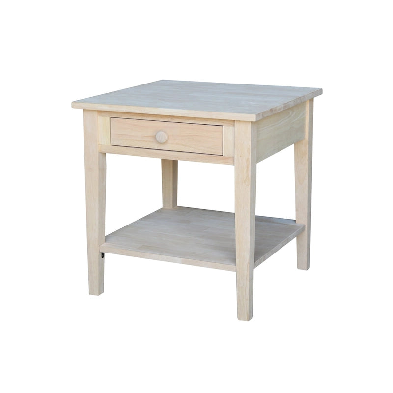 Table d'appoint carrée en bois d'hévéa massif avec tiroir et étagère, 61 cm (l) x 63,5 cm (H), brut/noir/blanc/gris/bleu