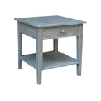 Table d'appoint carrée en bois d'hévéa massif avec tiroir et étagère, 61 cm (l) x 63,5 cm (H), brut/noir/blanc/gris/bleu