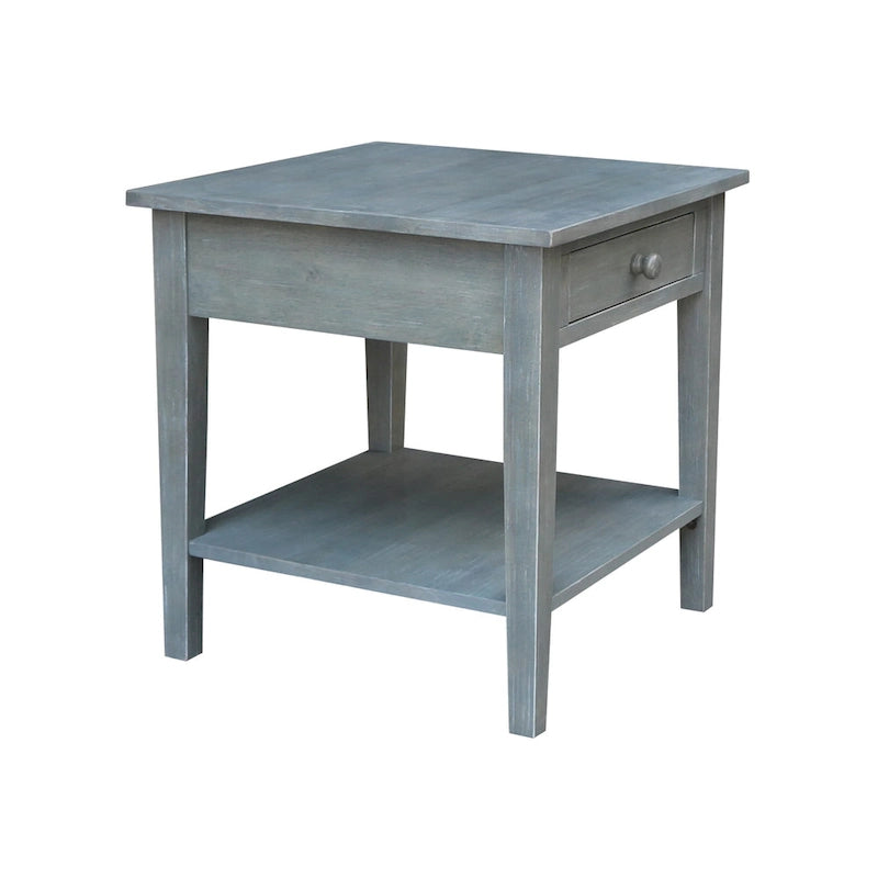 Table d'appoint carrée en bois d'hévéa massif avec tiroir et étagère, 61 cm (l) x 63,5 cm (H), brut/noir/blanc/gris/bleu