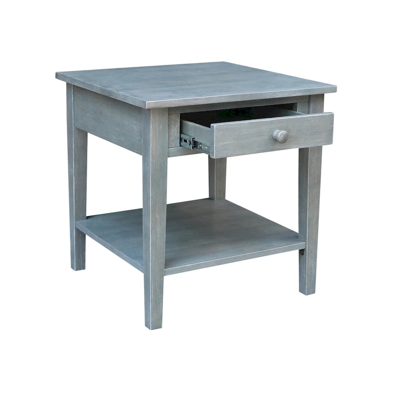 Table d'appoint carrée en bois d'hévéa massif avec tiroir et étagère, 61 cm (l) x 63,5 cm (H), brut/noir/blanc/gris/bleu