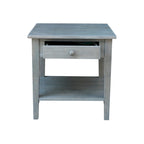 Table d'appoint carrée en bois d'hévéa massif avec tiroir et étagère, 61 cm (l) x 63,5 cm (H), brut/noir/blanc/gris/bleu
