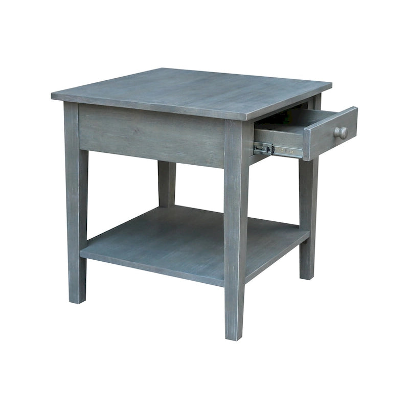 Table d'appoint carrée en bois d'hévéa massif avec tiroir et étagère, 61 cm (l) x 63,5 cm (H), brut/noir/blanc/gris/bleu