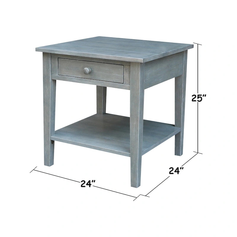 Table d'appoint carrée en bois d'hévéa massif avec tiroir et étagère, 61 cm (l) x 63,5 cm (H), brut/noir/blanc/gris/bleu
