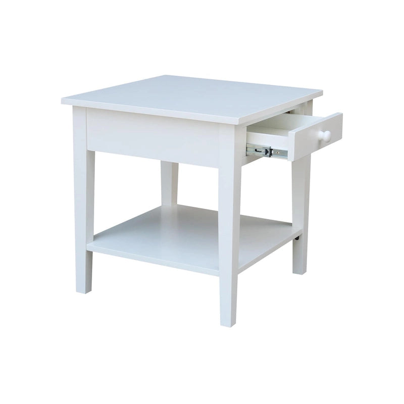 Table d'appoint carrée en bois d'hévéa massif avec tiroir et étagère, 61 cm (l) x 63,5 cm (H), brut/noir/blanc/gris/bleu