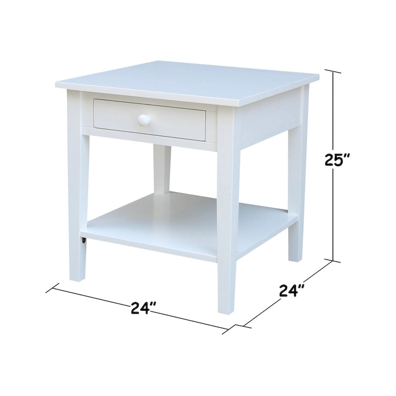 Table d'appoint carrée en bois d'hévéa massif avec tiroir et étagère, 61 cm (l) x 63,5 cm (H), brut/noir/blanc/gris/bleu