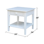 Table d'appoint carrée en bois d'hévéa massif avec tiroir et étagère, 61 cm (l) x 63,5 cm (H), brut/noir/blanc/gris/bleu