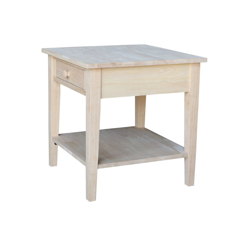Table d'appoint carrée en bois d'hévéa massif avec tiroir et étagère, 61 cm (l) x 63,5 cm (H), brut/noir/blanc/gris/bleu