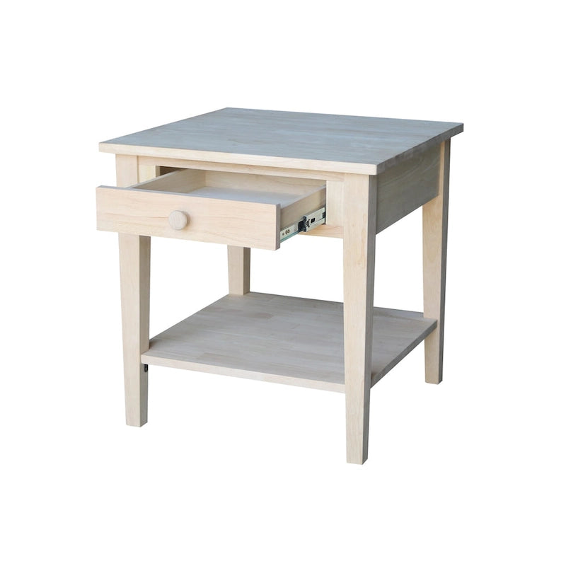 Table d'appoint carrée en bois d'hévéa massif avec tiroir et étagère, 61 cm (l) x 63,5 cm (H), brut/noir/blanc/gris/bleu