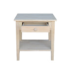 Table d'appoint carrée en bois d'hévéa massif avec tiroir et étagère, 61 cm (l) x 63,5 cm (H), brut/noir/blanc/gris/bleu