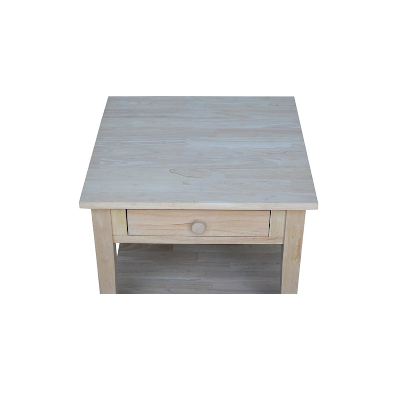 Table d'appoint carrée en bois d'hévéa massif avec tiroir et étagère, 61 cm (l) x 63,5 cm (H), brut/noir/blanc/gris/bleu