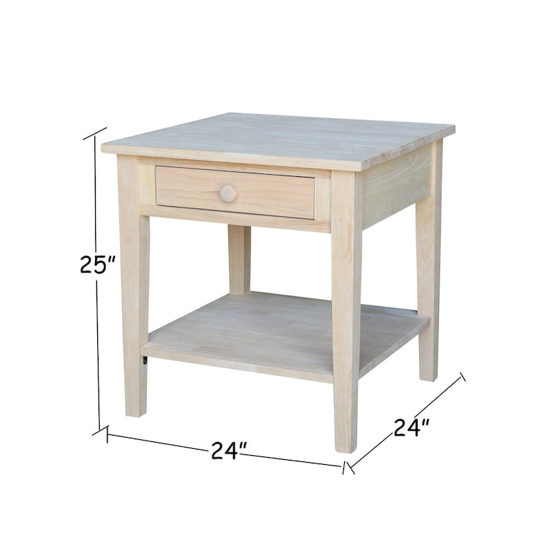 Table d'appoint carrée en bois d'hévéa massif avec tiroir et étagère, 61 cm (l) x 63,5 cm (H), brut/noir/blanc/gris/bleu
