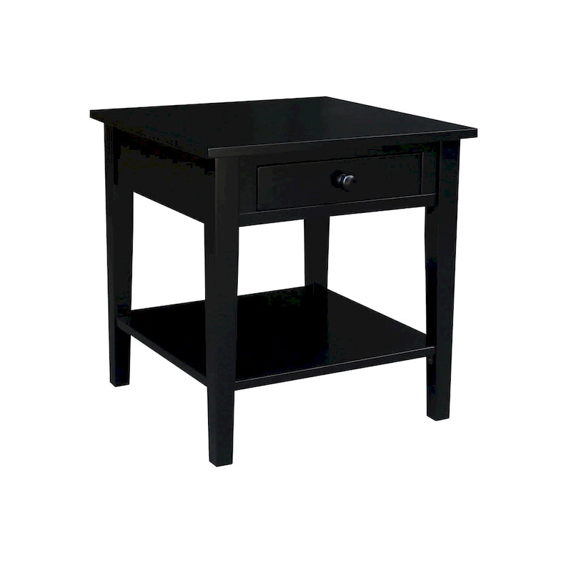 Table d'appoint carrée en bois d'hévéa massif avec tiroir et étagère, 61 cm (l) x 63,5 cm (H), brut/noir/blanc/gris/bleu