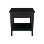Table d'appoint carrée en bois d'hévéa massif avec tiroir et étagère, 61 cm (l) x 63,5 cm (H), brut/noir/blanc/gris/bleu