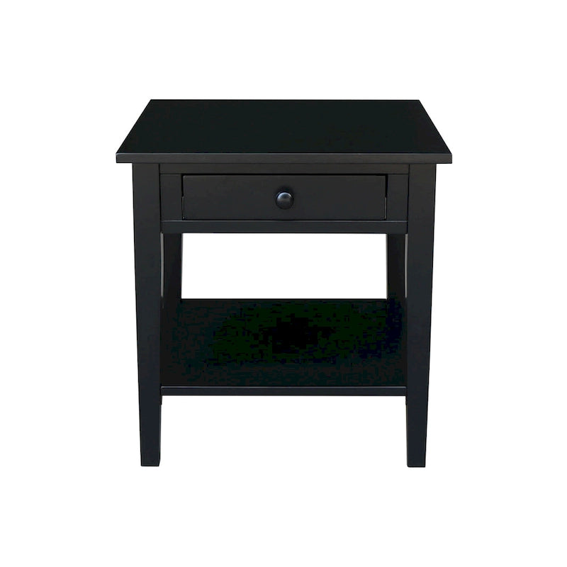 Table d'appoint carrée en bois d'hévéa massif avec tiroir et étagère, 61 cm (l) x 63,5 cm (H), brut/noir/blanc/gris/bleu