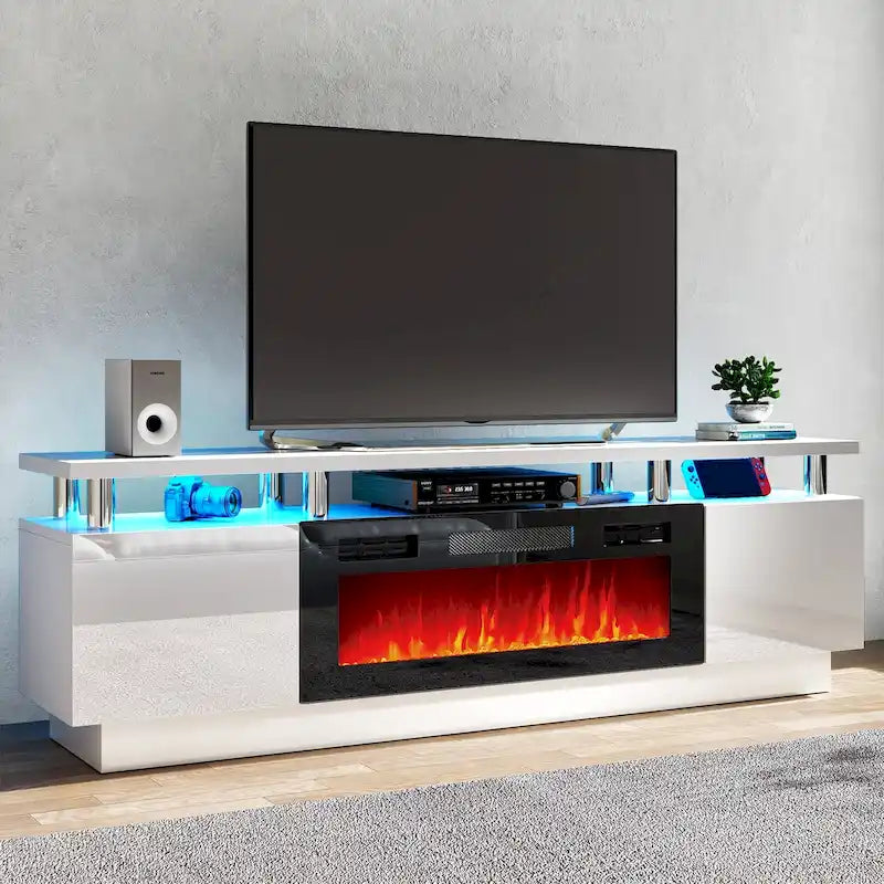 Meuble TV 177,8 cm avec cheminée électrique de 91,4 cm, Blanc/Noir, Lumières LED, Étagère réglable