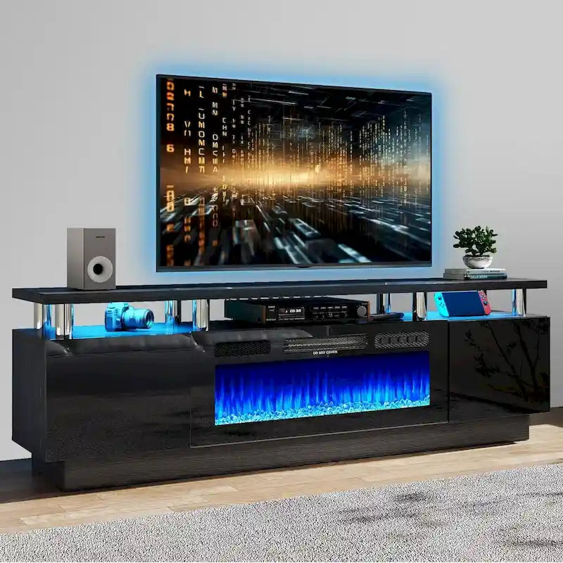 Meuble TV 177,8 cm avec cheminée électrique de 91,4 cm, Blanc/Noir, Lumières LED, Étagère réglable
