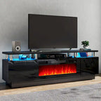 Meuble TV 177,8 cm avec cheminée électrique de 91,4 cm, Blanc/Noir, Lumières LED, Étagère réglable