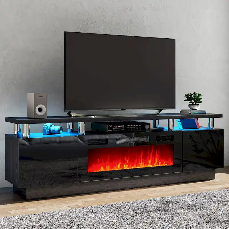 Meuble TV 177,8 cm avec cheminée électrique de 91,4 cm, Blanc/Noir, Lumières LED, Étagère réglable
