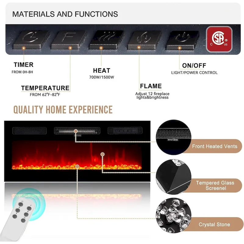 Meuble TV 177,8 cm avec cheminée électrique de 91,4 cm, Blanc/Noir, Lumières LED, Étagère réglable