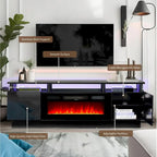 Meuble TV 177,8 cm avec cheminée électrique de 91,4 cm, Blanc/Noir, Lumières LED, Étagère réglable