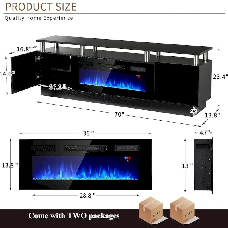 Meuble TV 177,8 cm avec cheminée électrique de 91,4 cm, Blanc/Noir, Lumières LED, Étagère réglable